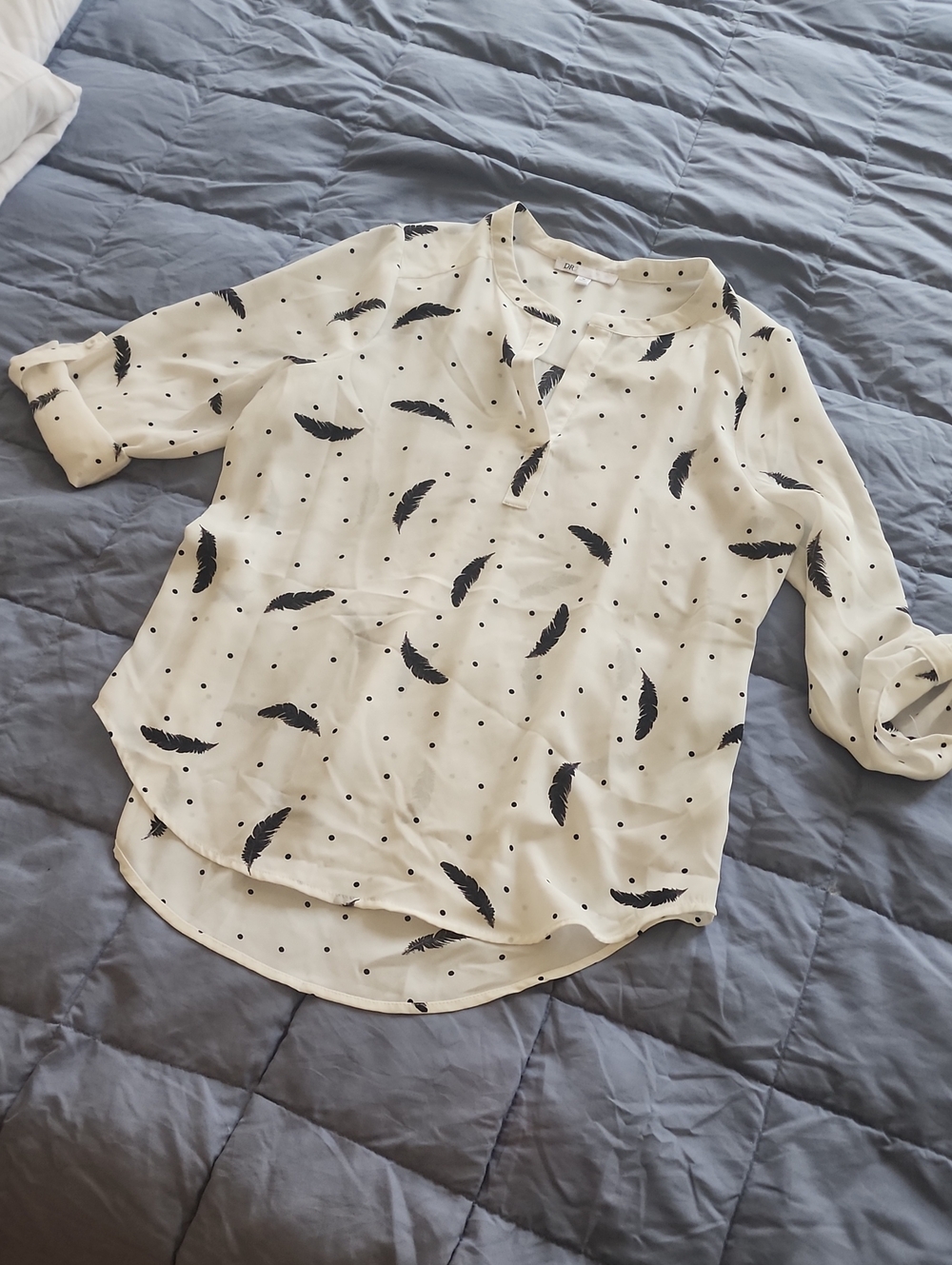 DR2 Ivory Blouse with Black Polka Dots and Feather Detail